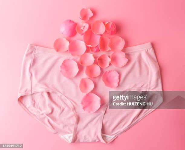 woman's panties and petals - pink pants stock pictures, royalty-free photos & images