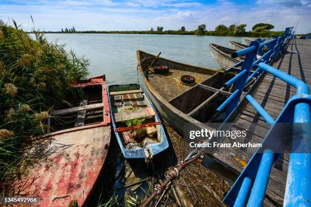 pontoon bridge over the po di goro, po delta, italy - pontonbrücke stock-fotos und bilder