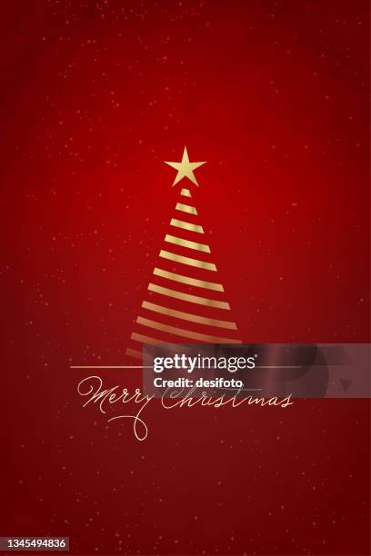 golden colored triangular tree having stripes with a ribbon and a star over a vibrant dark maroon red vertical xmas festive vector backgrounds for greeting cards with text message merry christmas - wine label stock illustrations