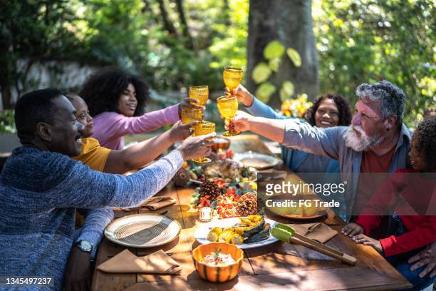 family toasting on thanksgiving at home - including special needs woman - black family reunion stock pictures, royalty-free photos & images