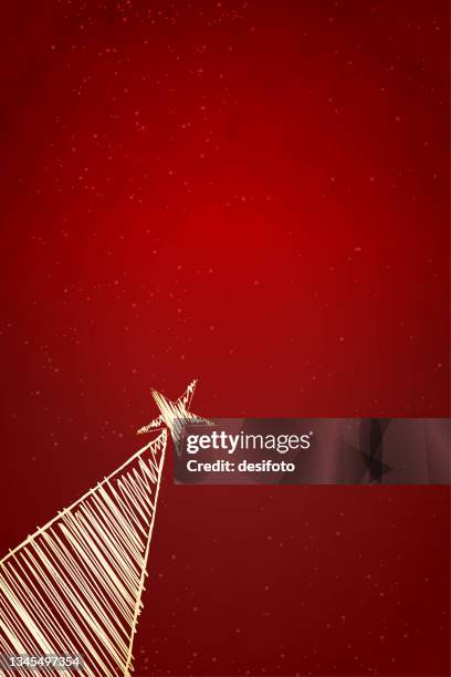 pale off white colored tilted triangular tree filled with scribbles and a star at the top at the left bottom corner of an empty blank vibrant bright red maroon vertical christmas festive vector backgrounds as template for greeting card, poster and banner - christmas red background stock illustrations