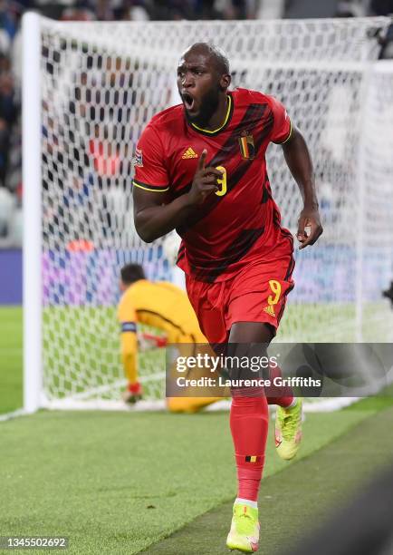 Romelu Lukaku of Belgium celebrates scoring his sides second goal during the UEFA Nations League 2021 Semi-final match between Belgium and France at...