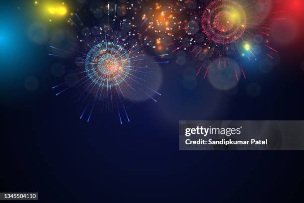 illustrazioni stock, clip art, cartoni animati e icone di tendenza di esplosioni decorative colorate di fuochi d'artificio isolate su sfondo scuro. - capodanno