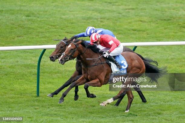 James Doyle riding Fast Attack win The Godolphin Lifetime Care Oh So Sharp Stakes from Jim Crowley and Allayaali at Newmarket Racecourse on October...