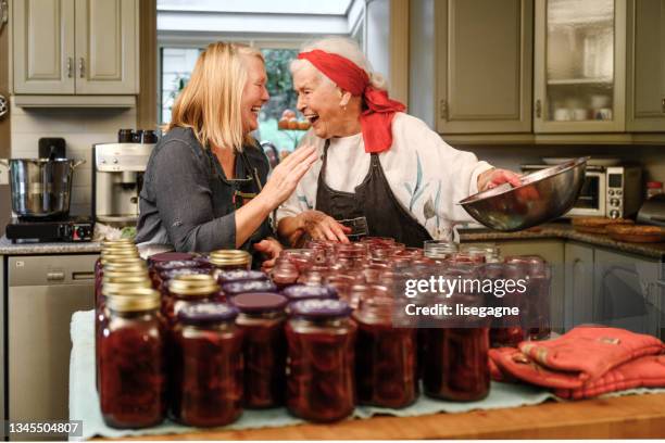 family preparing preserved beets - jam jar stock pictures, royalty-free photos & images