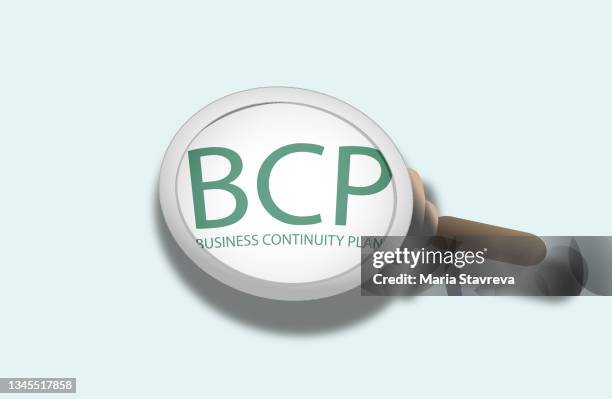 bcp, business continuity planning, word under magnifying glass - acronym concept stock illustrations