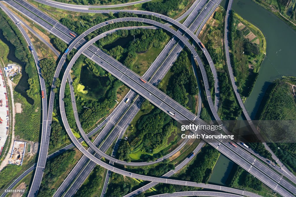 Aerial view of Expressway road intersection, traffic in Shanghai ,China