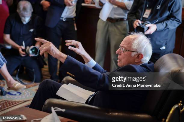 Sen. Bernie Sanders speaks during a pen and pad news conference at the U.S. Capitol on October 08, 2021 in Washington, DC. Sanders spoke about the...