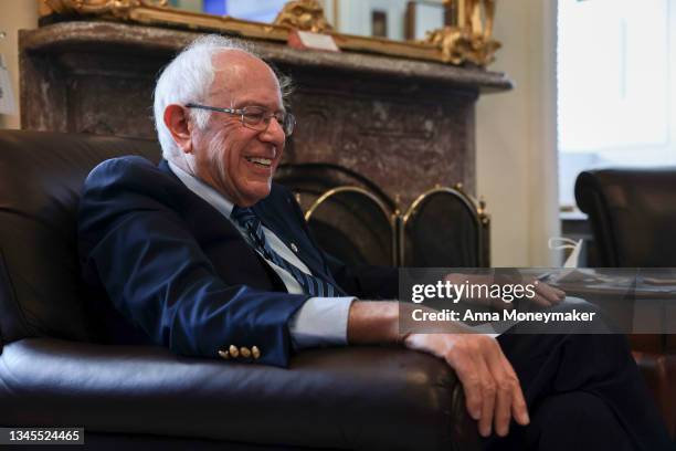 Sen. Bernie Sanders listens to a question during pen and pad news conference at the U.S. Capitol on October 08, 2021 in Washington, DC. Sanders spoke...