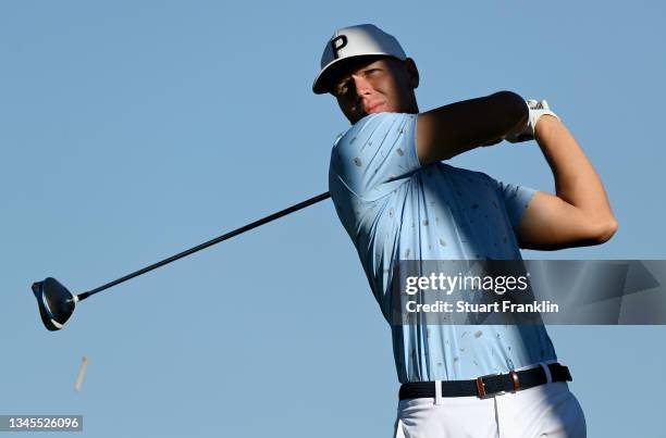 Matthias Schmid of Germany on the 16th tee during the second round of The Open de Espana at Club de Campo Villa de Madrid on October 08, 2021 in...