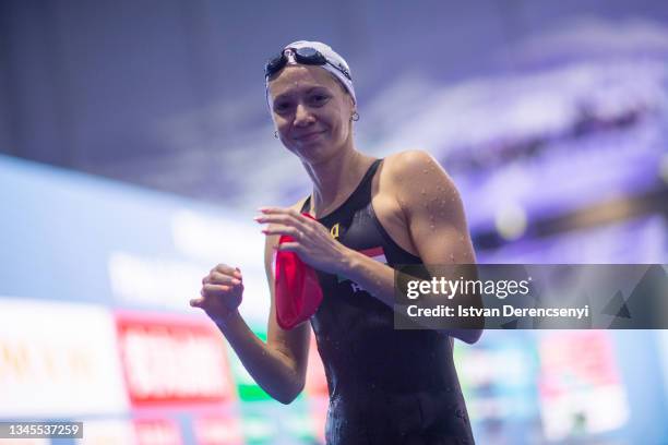 Boglarka Kapas of Hungary competes in the women's butterfly 50m heats on day two at the FINA Swimming World Cup in the Duna Arena on October 08, 2021...