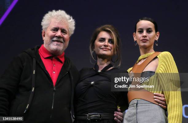 Director Pedro Almodovar, Actresses Penelope Cruz and Milena Smit attend the "Parallel Mothers" press conference during the 59th New York Film...