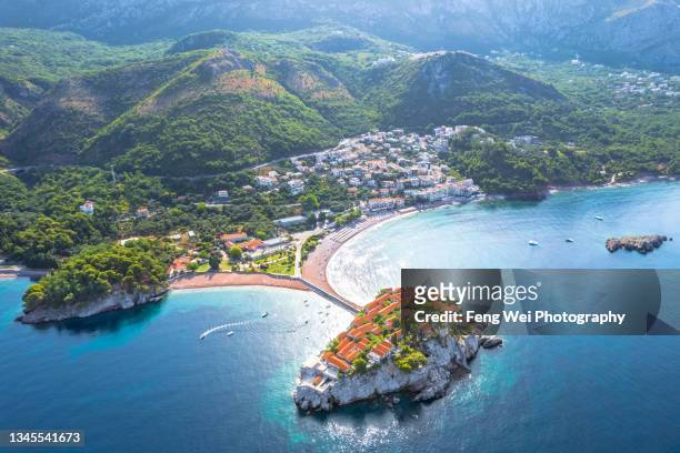aerial view of sveti stefan island, budva, montenegro - sveti stefan stock pictures, royalty-free photos & images