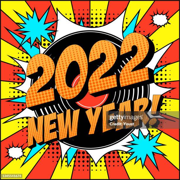 new year 2022 comic text on explosion speech bubble in pop art - wow word bubble stock illustrations