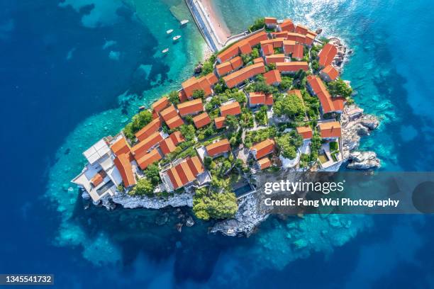 aerial view of sveti stefan island, budva, montenegro - private island stock-fotos und bilder