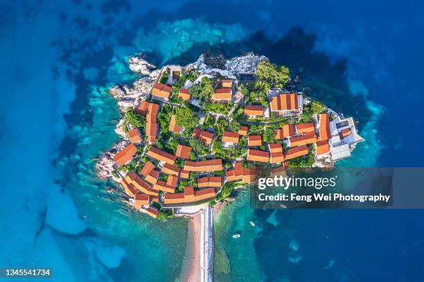 aerial view of sveti stefan island, budva, montenegro - budva stock pictures, royalty-free photos & images