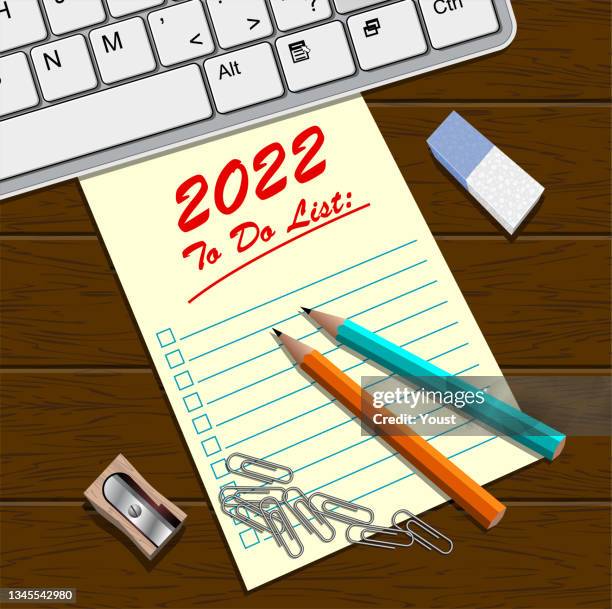 2022 blank to do list with pencils, sharpener and eraser. - sharpening pencil stock illustrations
