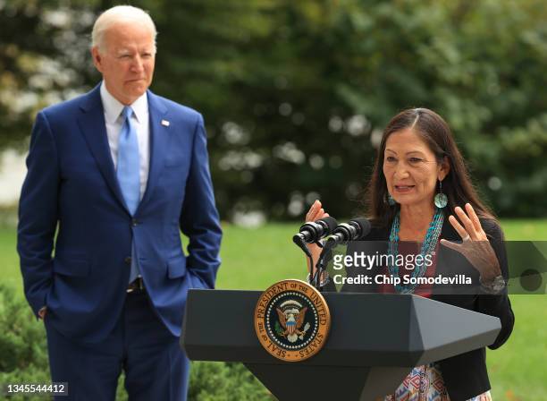 Secretary of the Interior Deb Haaland introduces President Joe Biden to announce the expansion of areas of three national monuments at the White...