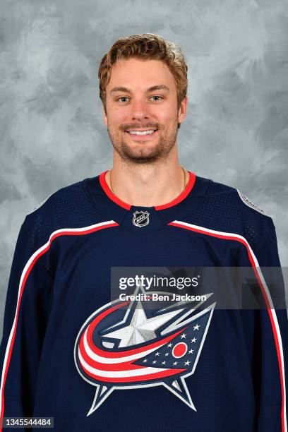 Sean Kuraly of the Columbus Blue Jackets poses for his official headshot for the 2021-2022 season on September 22, 2021 at Nationwide Arena in...