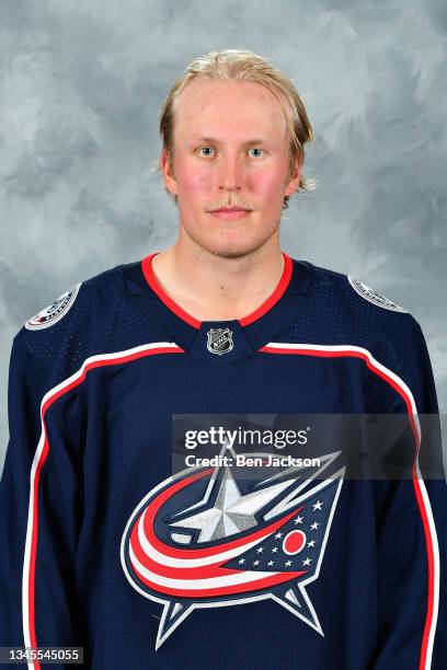 Patrik Laine of the Columbus Blue Jackets poses for his official headshot for the 2021-2022 season on September 22, 2021 at Nationwide Arena in...