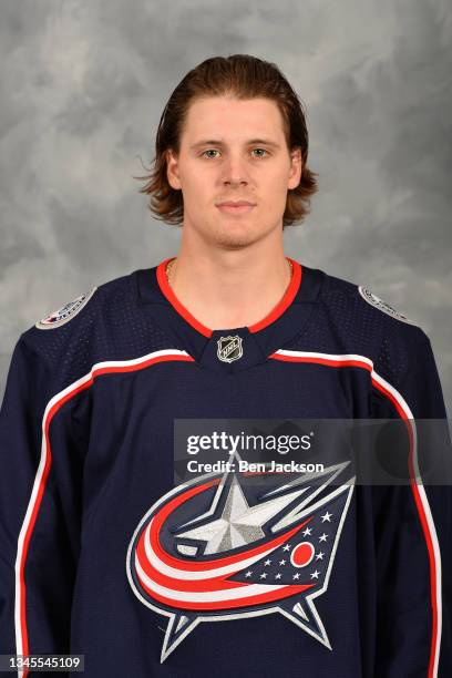 Tyler Angle of the Columbus Blue Jackets poses for his official headshot for the 2021-2022 season on September 22, 2021 at Nationwide Arena in...