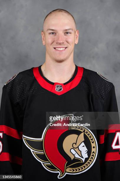 Parker Kelly of the Ottawa Senators poses for his official headshot for the 2021-2022 season on September 22, 2021 at Canadian Tire Centre in Ottawa,...