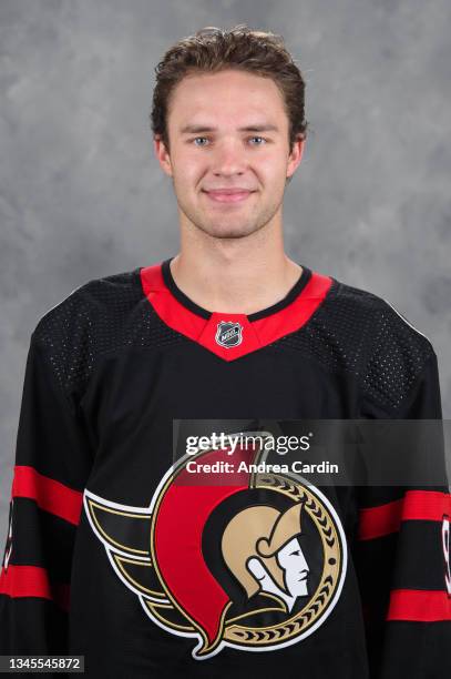 Josh Norris of the Ottawa Senators poses for his official headshot for the 2021-2022 season on September 22, 2021 at Canadian Tire Centre in Ottawa,...