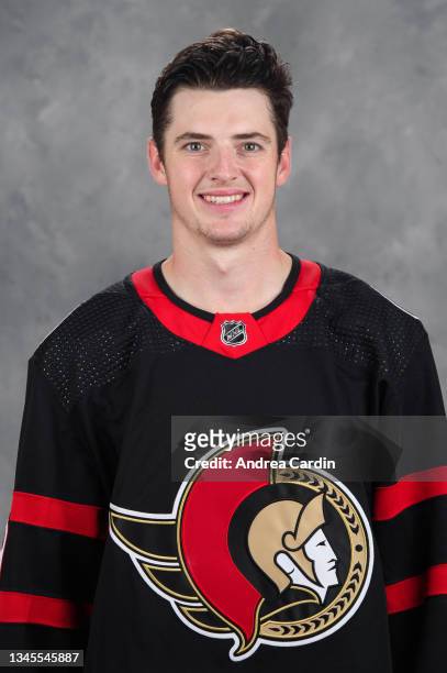 Drake Batherson of the Ottawa Senators poses for his official headshot for the 2021-2022 season on September 22, 2021 at Canadian Tire Centre in...