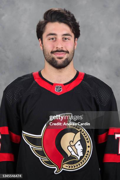 Jonathan Aspirot of the Ottawa Senators poses for his official headshot for the 2021-2022 season on September 22, 2021 at Canadian Tire Centre in...