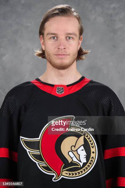Mads Sogaard of the Ottawa Senators poses for his official headshot for the 2021-2022 season on September 22, 2021 at Canadian Tire Centre in Ottawa,...