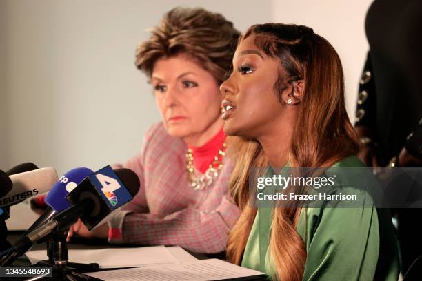 Faith Rodgers , a victim of sexual misconduct by R. Kelly, speaks during a press conference with her lawyer Gloria Allred on October 8, 2021 in Los...