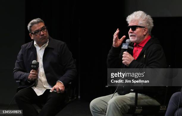 Director of the New York Film Festival Eugene Hernandez and director Pedro Almodovar attend the "Parallel Mothers" press conference during the 59th...
