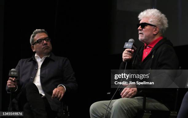 Director of the New York Film Festival Eugene Hernandez and director Pedro Almodovar attend the "Parallel Mothers" press conference during the 59th...