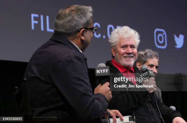 Director of the New York Film Festival Eugene Hernandez and director Pedro Almodovar attend the "Parallel Mothers" press conference during the 59th...