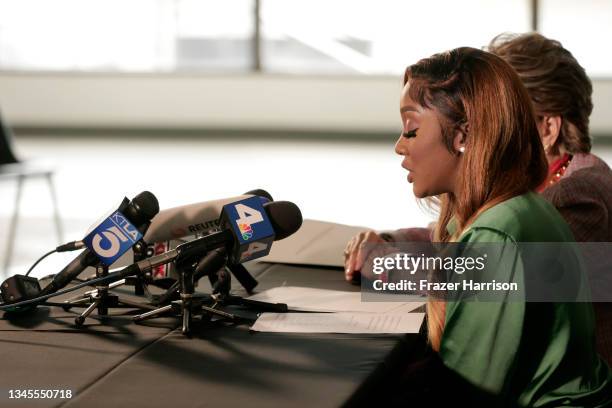 Faith Rodgers , a victim of sexual misconduct by R. Kelly, speaks during a press conference with her lawyer Gloria Allred on October 8, 2021 in Los...