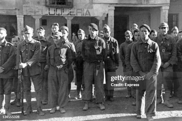 Men of the British Battalion of the XV International Brigade in Spain during the Spanish Civil War, circa 1937.