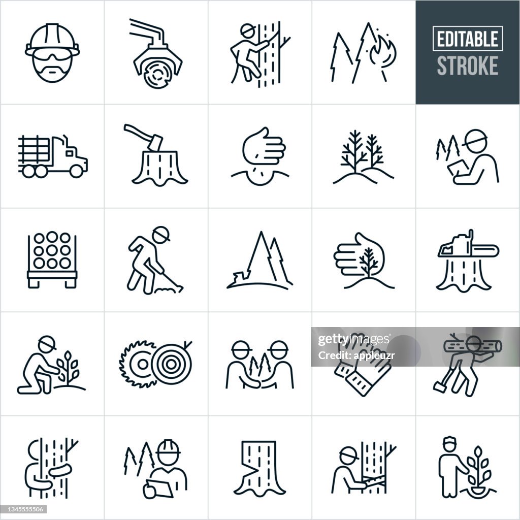 Forestry Thin Line Icons - Bearbeitbare Kontur