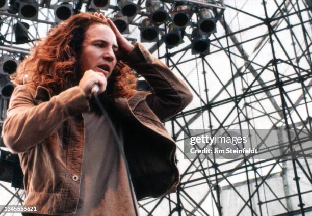 Eddie Vedder of the band Pearl Jam performs at Lollapalooza at Harriet Island in St. Paul, Minnesota on August 28, 1992.