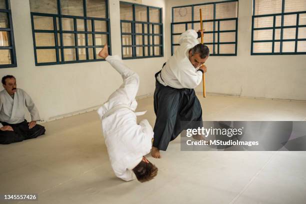 two men practicing aikido - aikido stock pictures, royalty-free photos & images