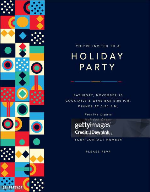 happy holidays party invitation flat design template with geometric shapes and simple icons - invite stock illustrations