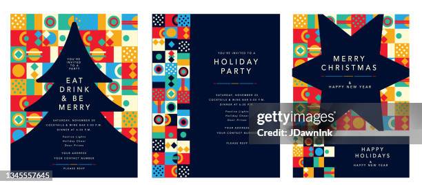 ilustraciones, imágenes clip art, dibujos animados e iconos de stock de happy holidays party tarjeta de invitación conjunto de plantillas de diseño plano con formas geométricas e iconos simples - tarjeta de felicitación