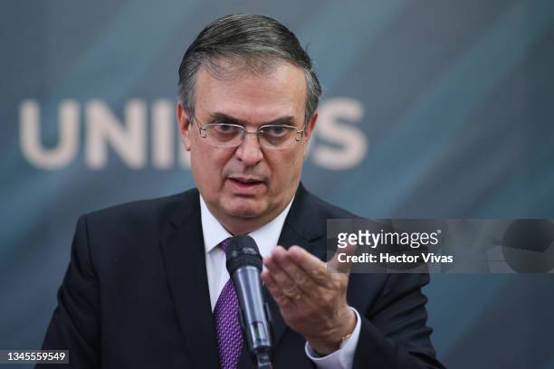 Mexican Foreign Minister Marcelo Ebrard speaks during a conference as part of the High Level Security Dialogue at SRE Building on October 08, 2021 in...