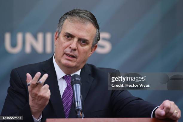 Mexican Foreign Minister Marcelo Ebrard speaks during a conference as part of the High Level Security Dialogue at SRE Building on October 08, 2021 in...