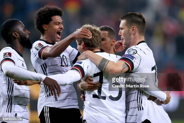 Thomas Muller of Germany celebrates his goal during the 2022 FIFA World Cup Qualifier match between Germany and Romania at Imtech Arena on October...