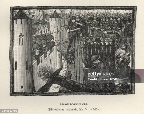 cannons firing at the walls during the siege of orleans, 15th century medieval warfare - hundred years war stock illustrations