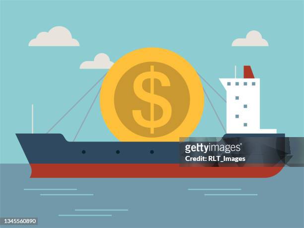 illustration of container ship carrying giant coin - barge stock illustrations