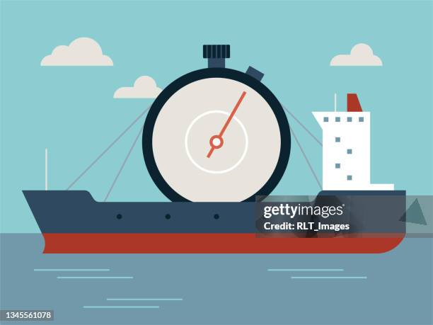illustration of container ship carrying giant stopwatch - slow progress stock illustrations