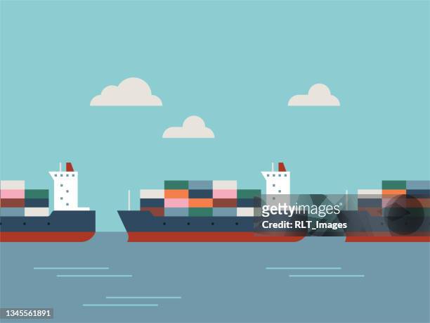 stockillustraties, clipart, cartoons en iconen met illustration of container ships waiting for port - gray boot