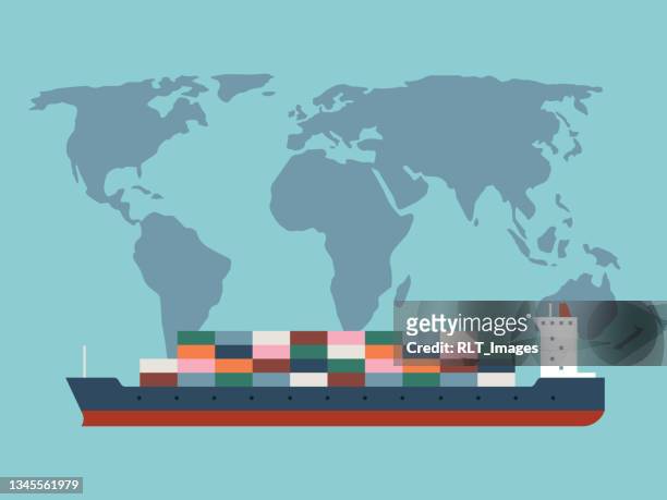 illustration of large fully loaded container ship sailing with world map background - nafta stock illustrations