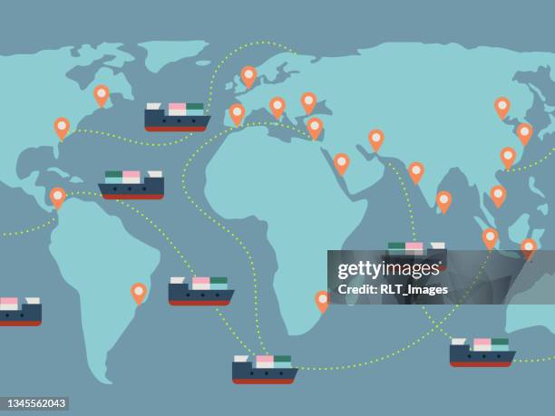 illustrazioni stock, clip art, cartoni animati e icone di tendenza di illustrazione delle rotte di spedizione merci e dei principali porti sulla mappa del mondo - planisfero fisico